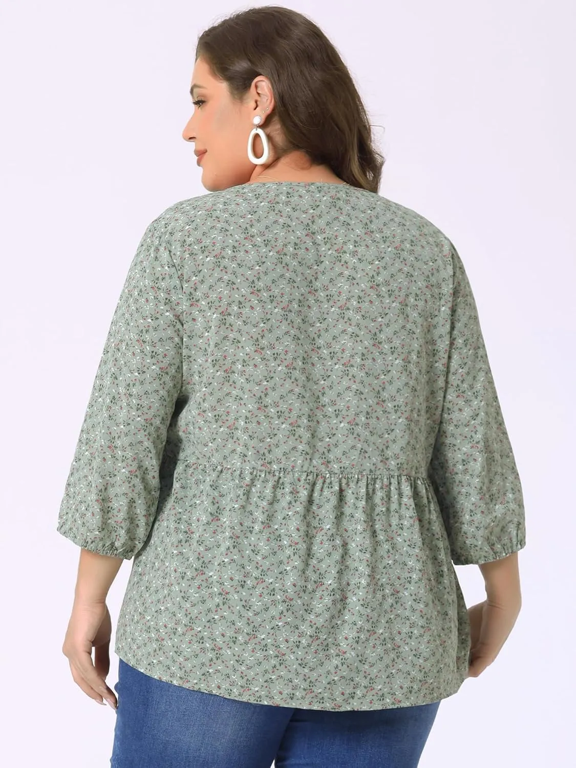 Agnes Orinda Women's Plus Size Tops V Neck Babydoll Flowy 3/4 Lantern Sleeve Floral Spring Summer Blouses