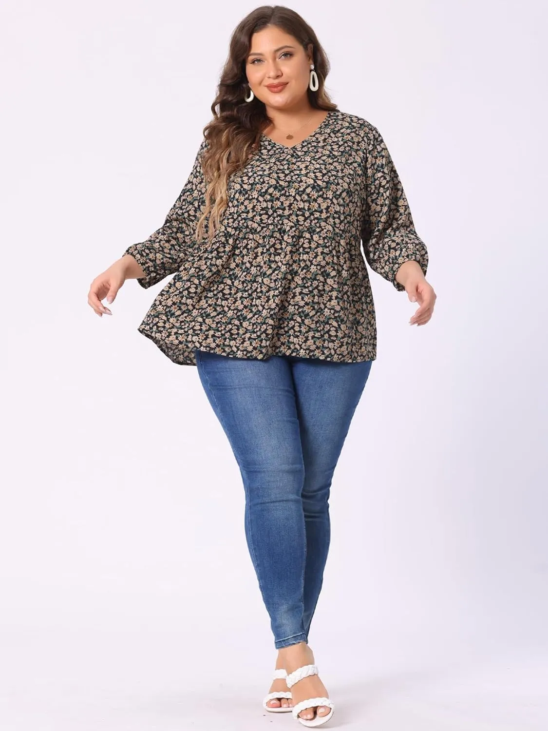 Agnes Orinda Women's Plus Size Tops V Neck Babydoll Flowy 3/4 Lantern Sleeve Floral Spring Summer Blouses