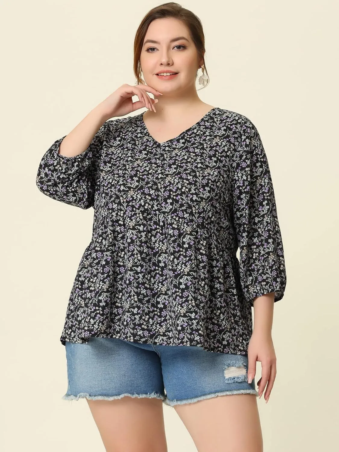 Agnes Orinda Women's Plus Size Tops V Neck Babydoll Flowy 3/4 Lantern Sleeve Floral Spring Summer Blouses
