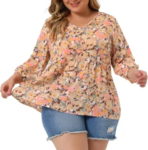 Agnes Orinda Women's Plus Size Tops V Neck Babydoll Flowy 3/4 Lantern Sleeve Floral Spring Summer Blouses
