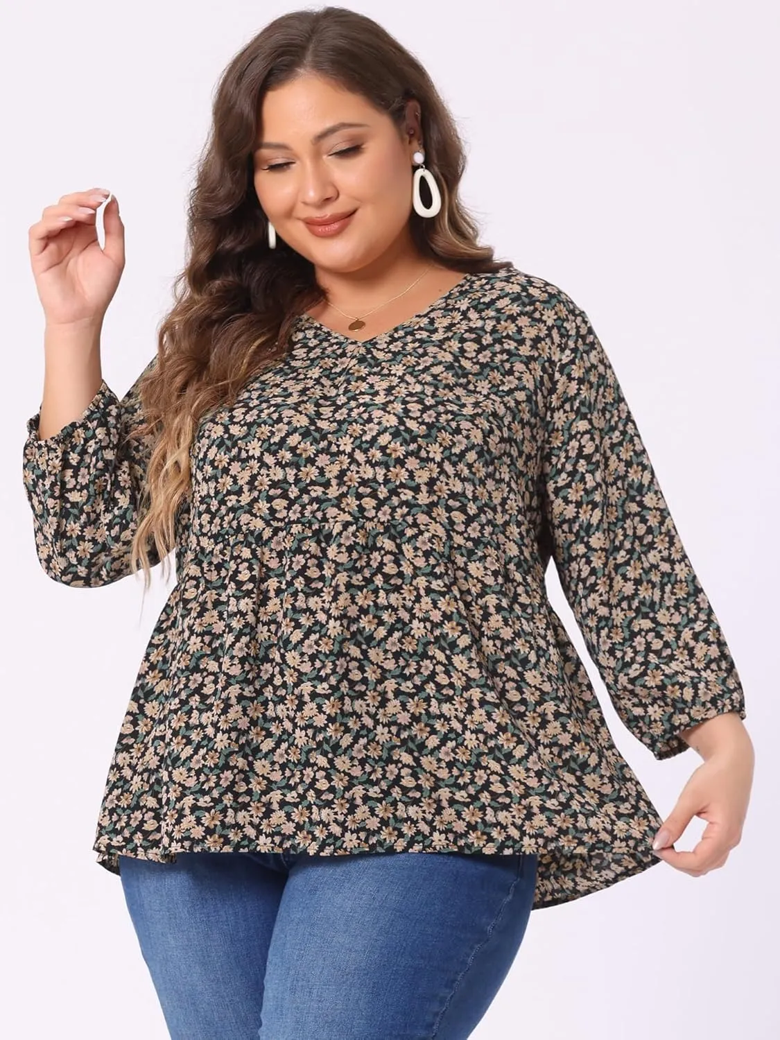 Agnes Orinda Women's Plus Size Tops V Neck Babydoll Flowy 3/4 Lantern Sleeve Floral Spring Summer Blouses