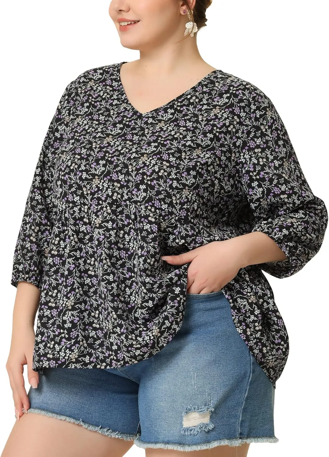 Agnes Orinda Women's Plus Size Tops V Neck Babydoll Flowy 3/4 Lantern Sleeve Floral Spring Summer Blouses
