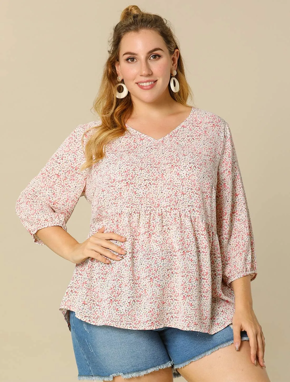 Agnes Orinda Women's Plus Size Tops V Neck Babydoll Flowy 3/4 Lantern Sleeve Floral Spring Summer Blouses