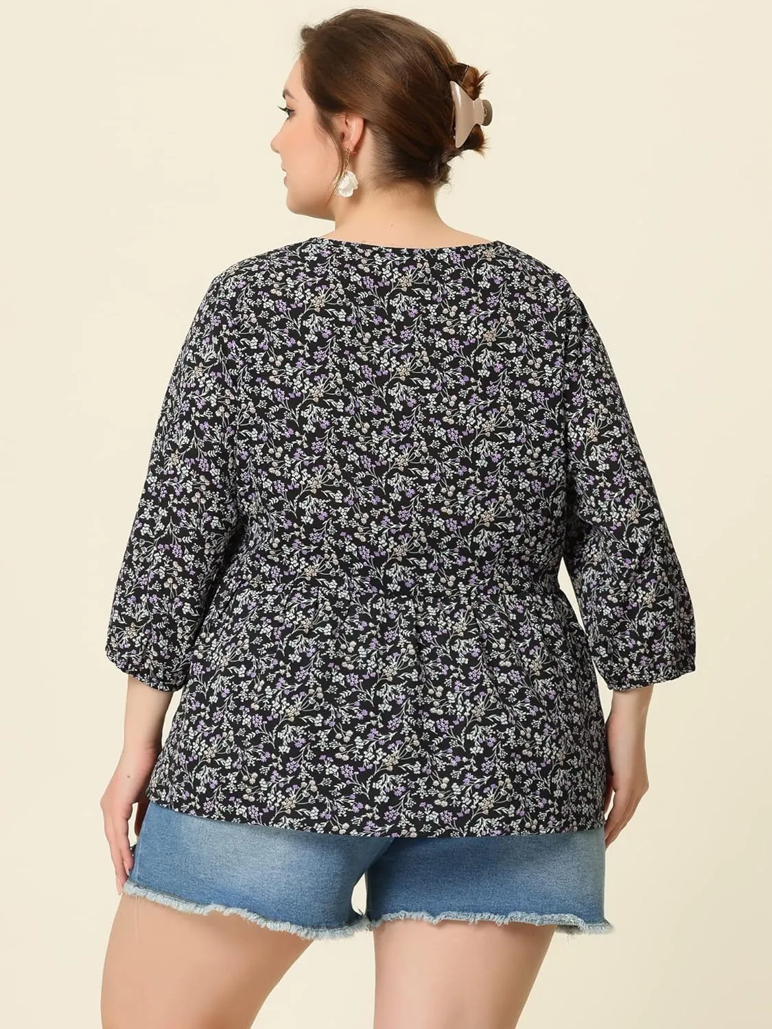 Agnes Orinda Women's Plus Size Tops V Neck Babydoll Flowy 3/4 Lantern Sleeve Floral Spring Summer Blouses