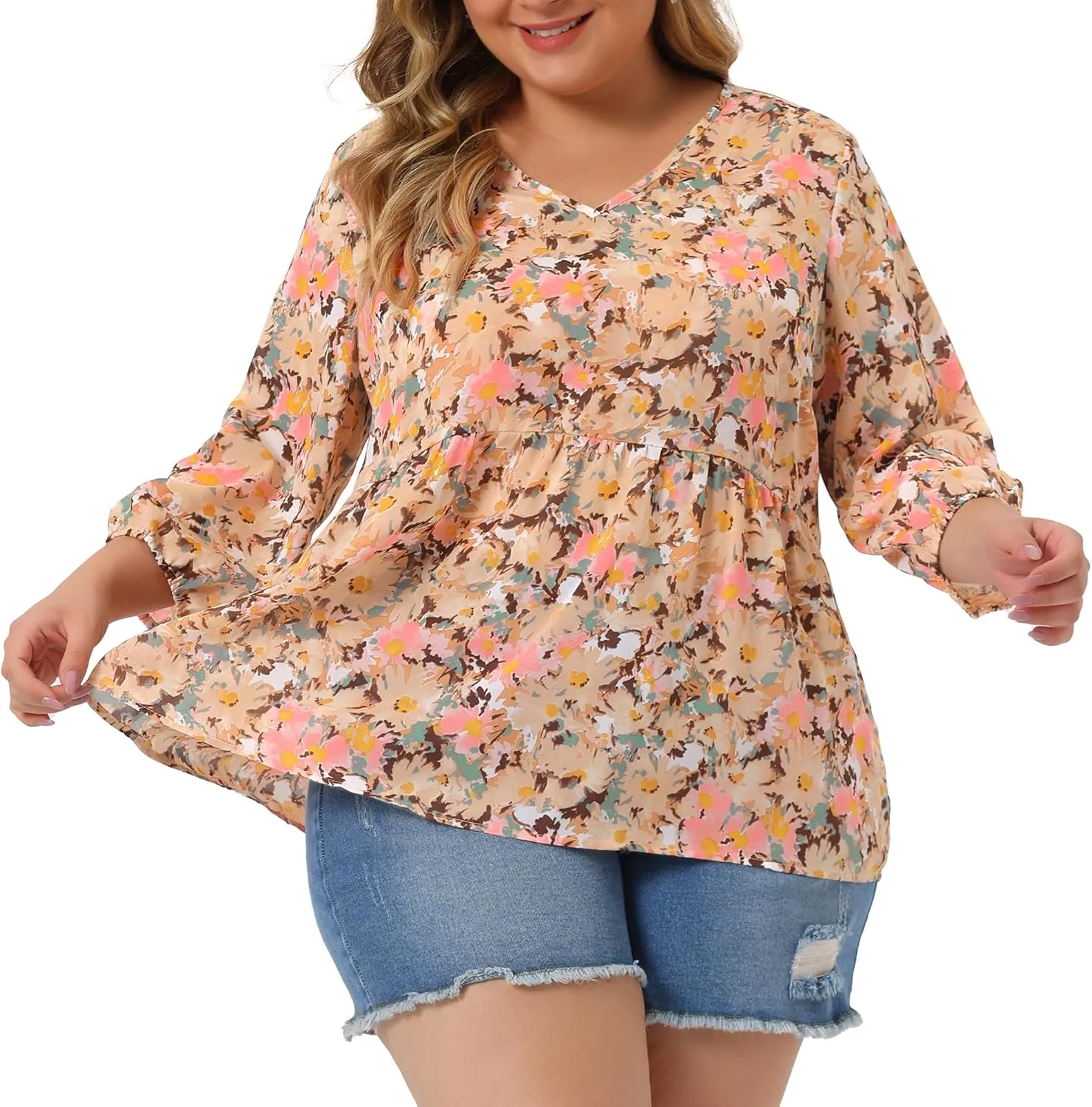 Agnes Orinda Women's Plus Size Tops V Neck Babydoll Flowy 3/4 Lantern Sleeve Floral Spring Summer Blouses