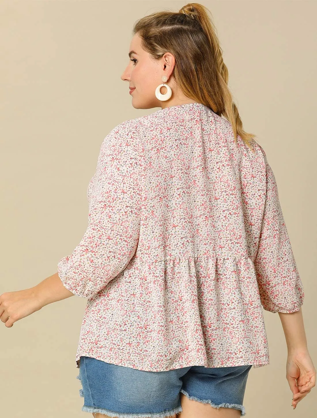 Agnes Orinda Women's Plus Size Tops V Neck Babydoll Flowy 3/4 Lantern Sleeve Floral Spring Summer Blouses