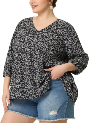 Agnes Orinda Women's Plus Size Tops V Neck Babydoll Flowy 3/4 Lantern Sleeve Floral Spring Summer Blouses