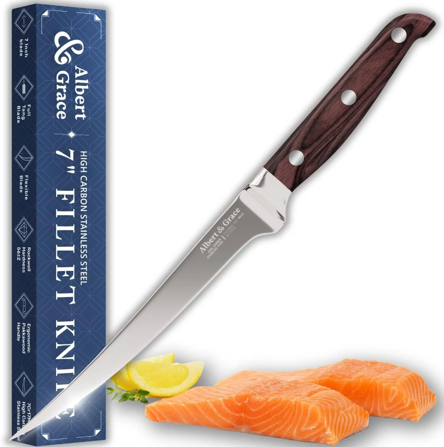 Albert&Grace 7-Inch Fillet Knife – Precision 7Cr17MoV Stainless Steel, Flexible Razor-Sharp Blade with Ergonomic Pakkawood Handle for Meat, Fish and Chicken Cutting, Boning or Trimming