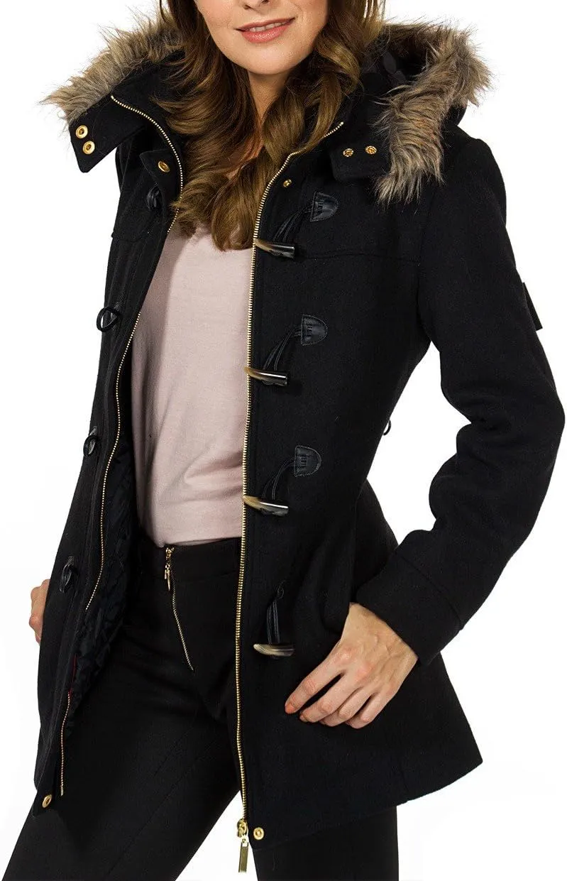 Alpine Swiss Duffy Womens Wool Coat Fur Trim Hooded Parka Jacket