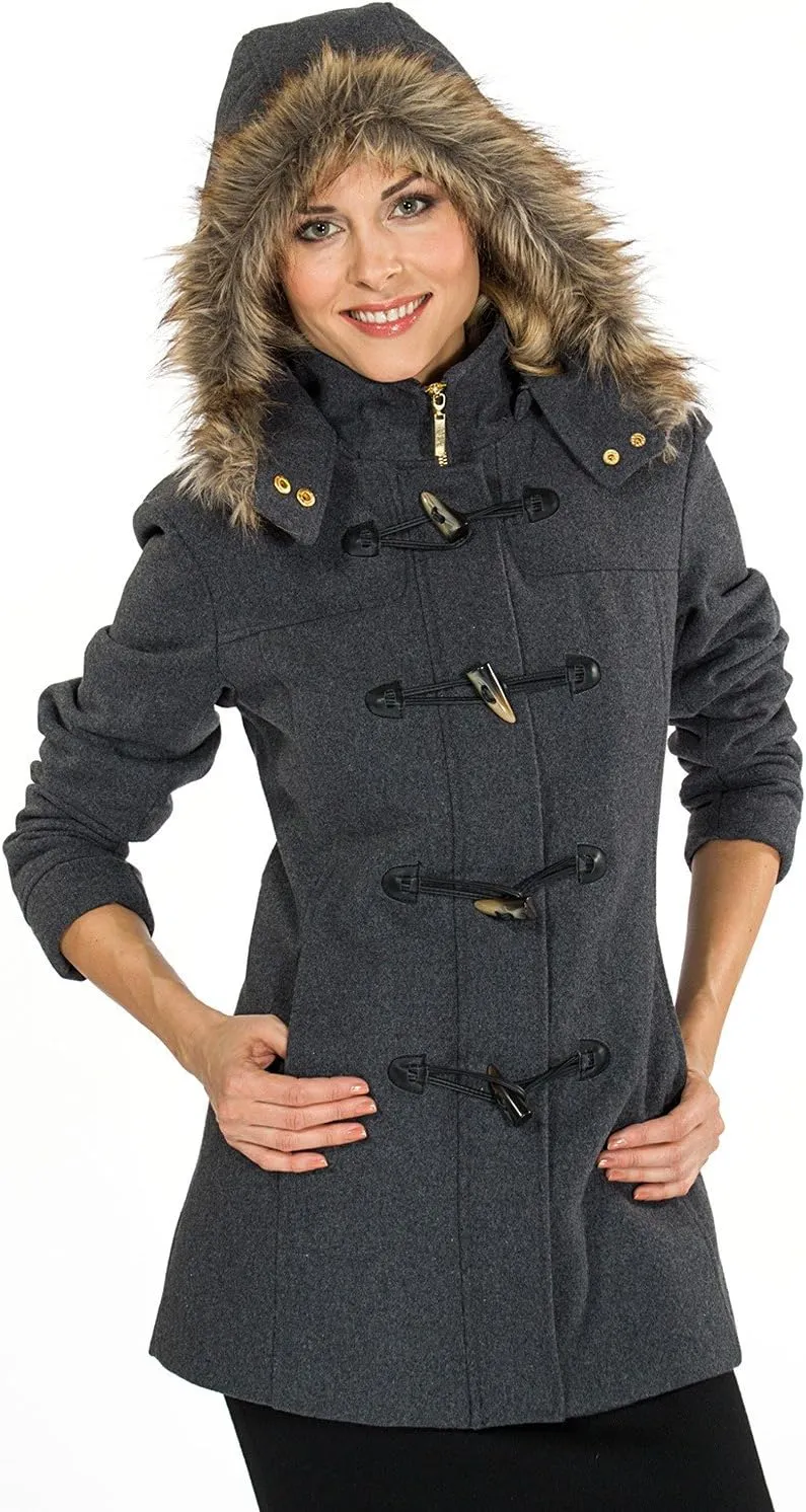 Alpine Swiss Duffy Womens Wool Coat Fur Trim Hooded Parka Jacket