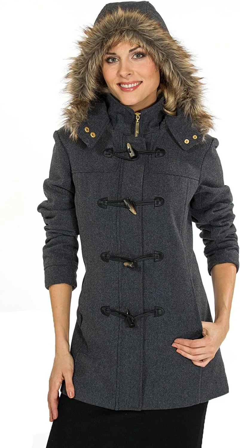 Alpine Swiss Duffy Womens Wool Coat Fur Trim Hooded Parka Jacket