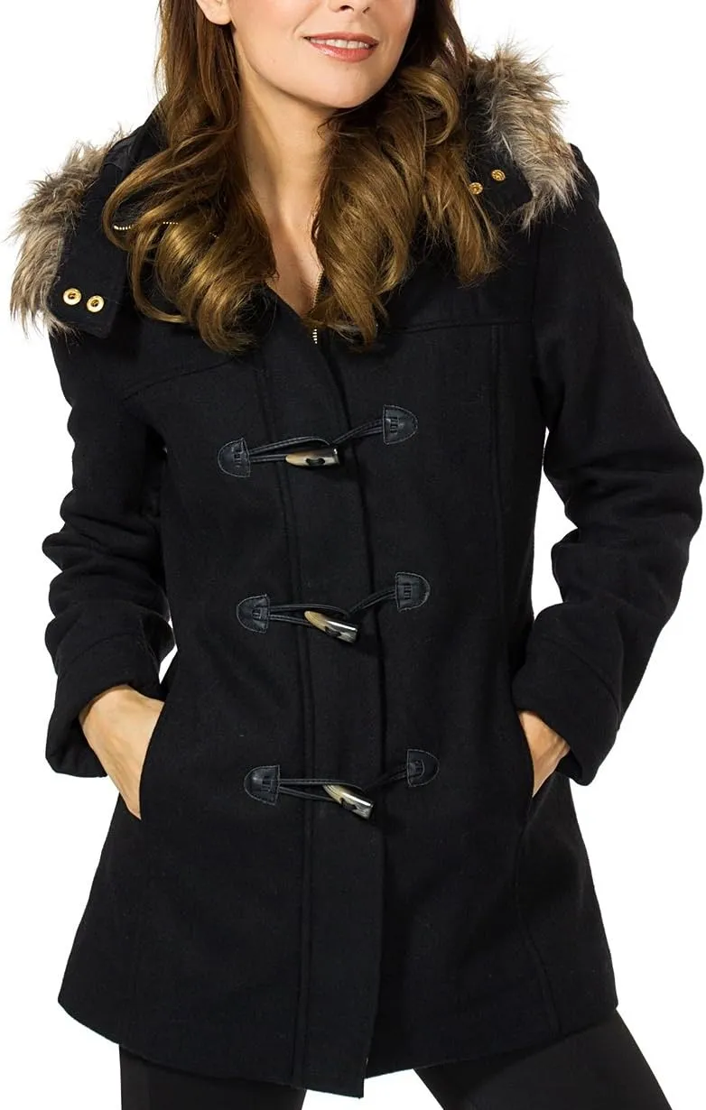 Alpine Swiss Duffy Womens Wool Coat Fur Trim Hooded Parka Jacket