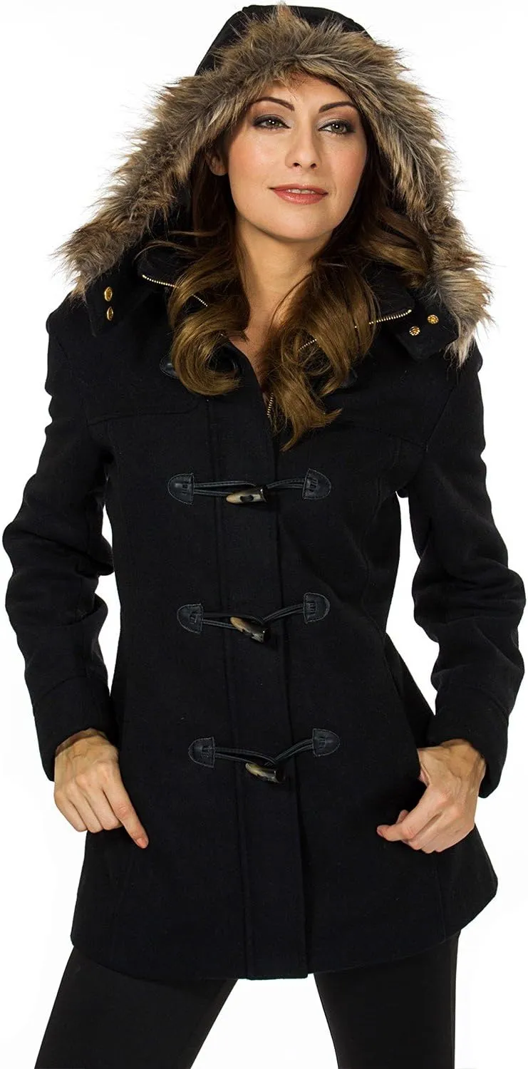 Alpine Swiss Duffy Womens Wool Coat Fur Trim Hooded Parka Jacket