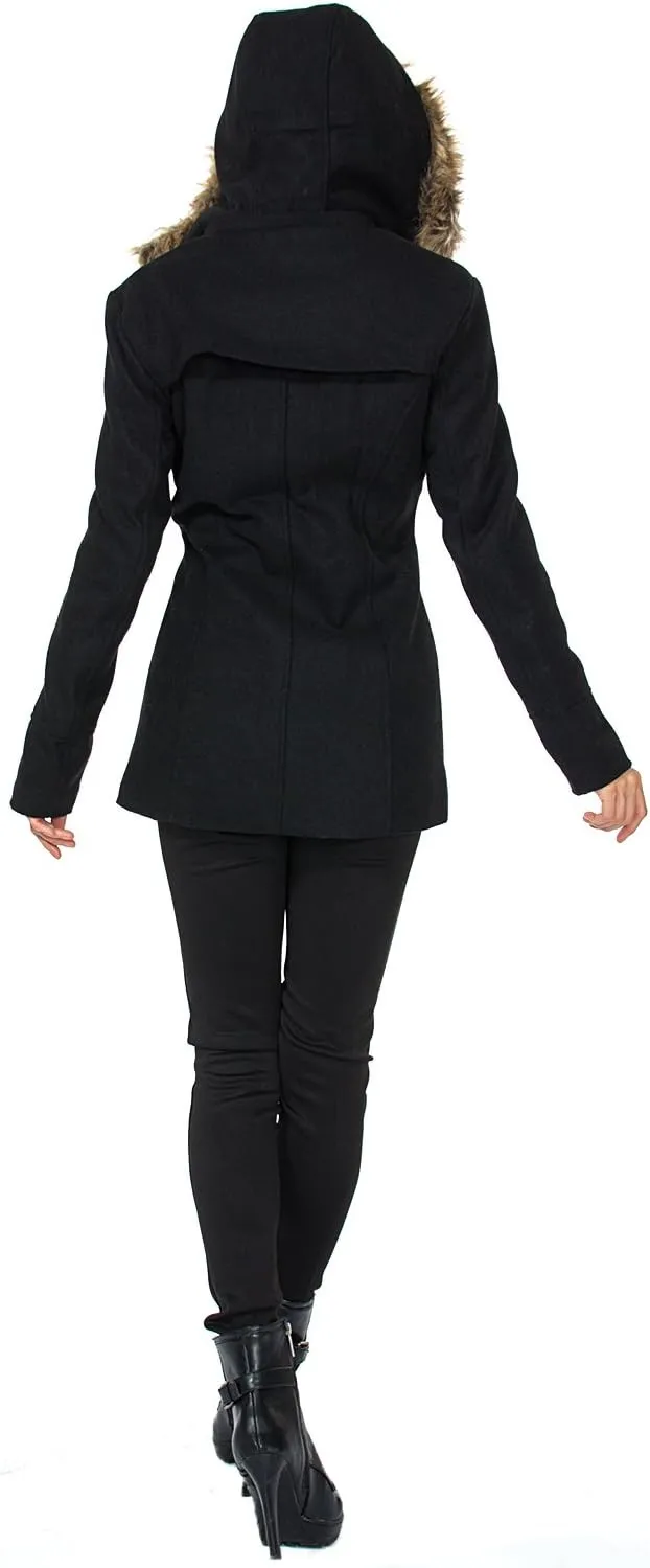 Alpine Swiss Duffy Womens Wool Coat Fur Trim Hooded Parka Jacket