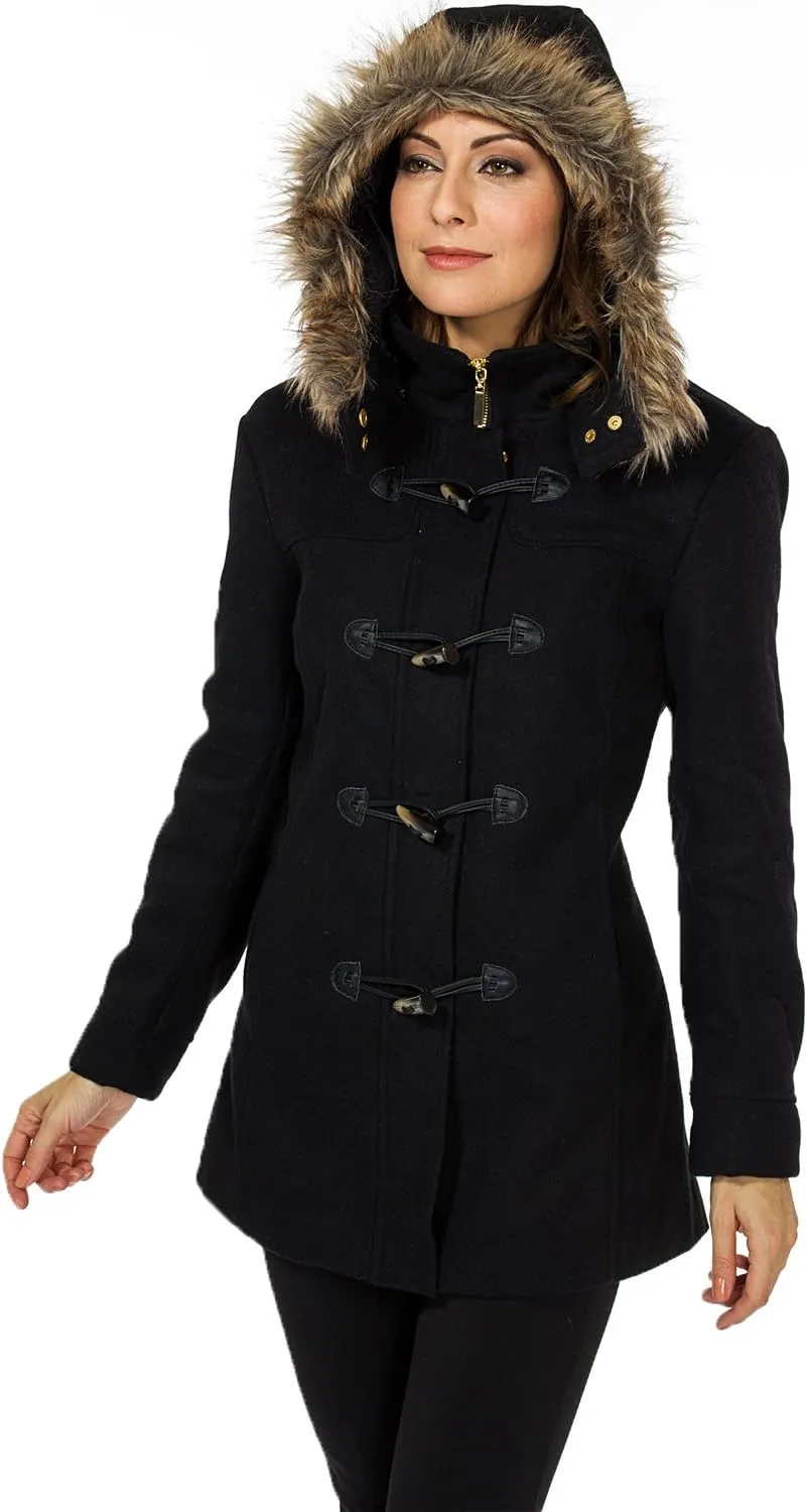 Alpine Swiss Duffy Womens Wool Coat Fur Trim Hooded Parka Jacket