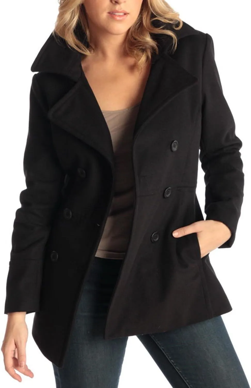 Alpine Swiss Emma Women's Wool Peacoat – Double-Breasted 3/4 Length Overcoat, Stylish & Warm Blazer for Fall & Winter