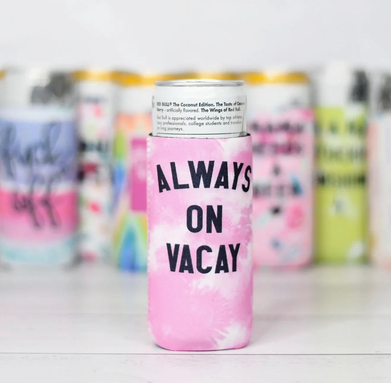 Always On Vacay Slim Can Koozie