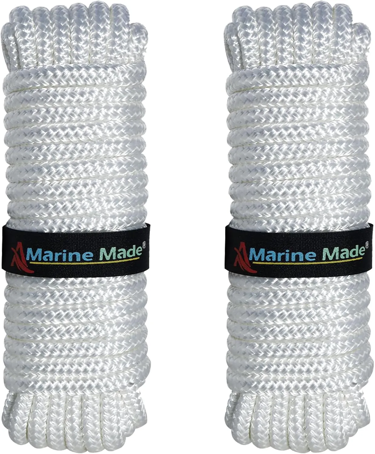Amarine Made 2 Pack 3/8 Inch 35 FT Double Braid Nylon Dockline Dock Line Mooring Rope Eye: 12";Safe Workload: 660 Lbs;Tensile Strength: 3300 Lbs (White)