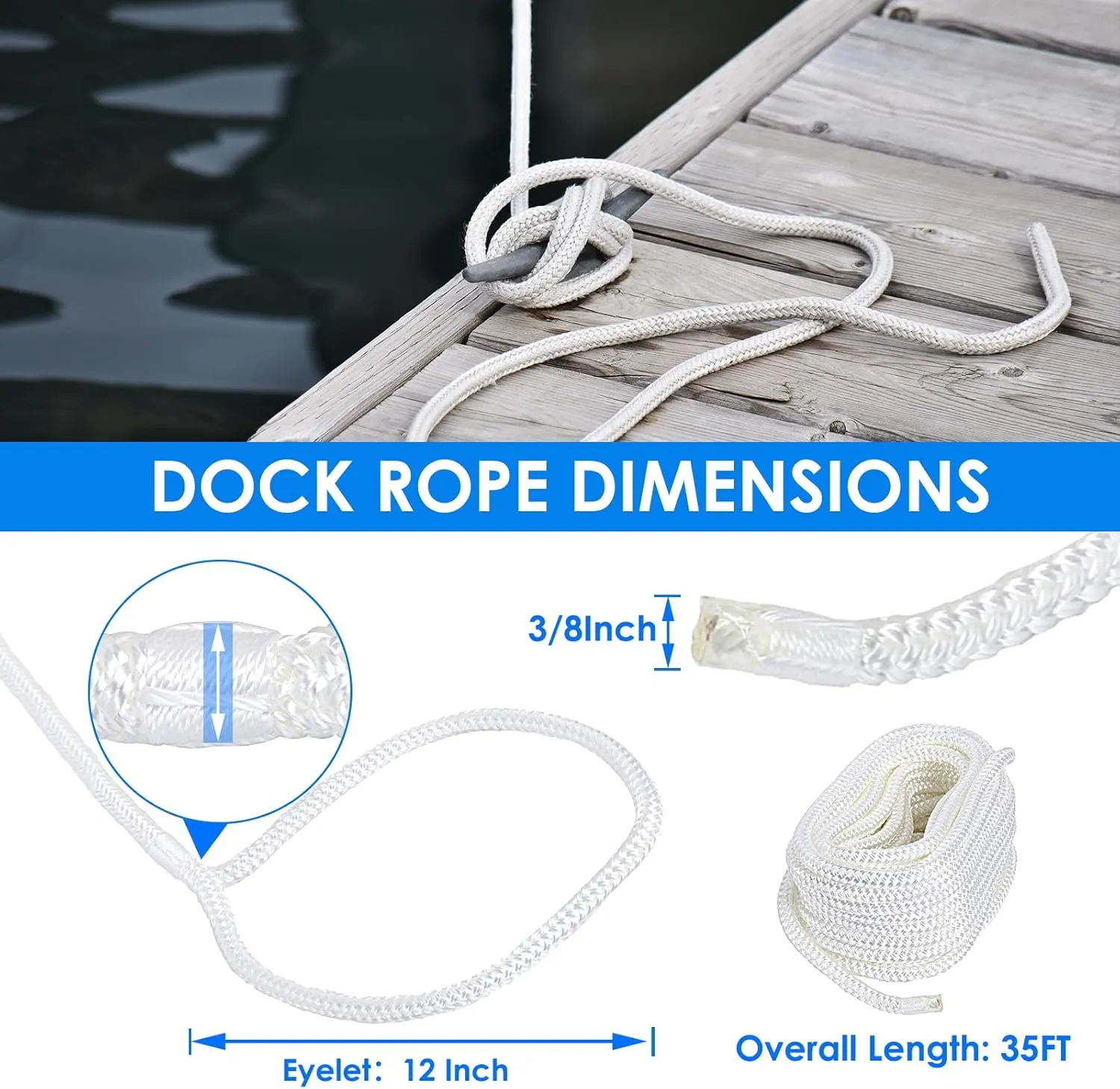 Amarine Made 2 Pack 3/8 Inch 35 FT Double Braid Nylon Dockline Dock Line Mooring Rope Eye: 12";Safe Workload: 660 Lbs;Tensile Strength: 3300 Lbs (White)