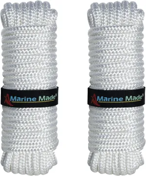 Amarine Made 2 Pack 3/8 Inch 35 FT Double Braid Nylon Dockline Dock Line Mooring Rope Eye: 12";Safe Workload: 660 Lbs;Tensile Strength: 3300 Lbs (White)