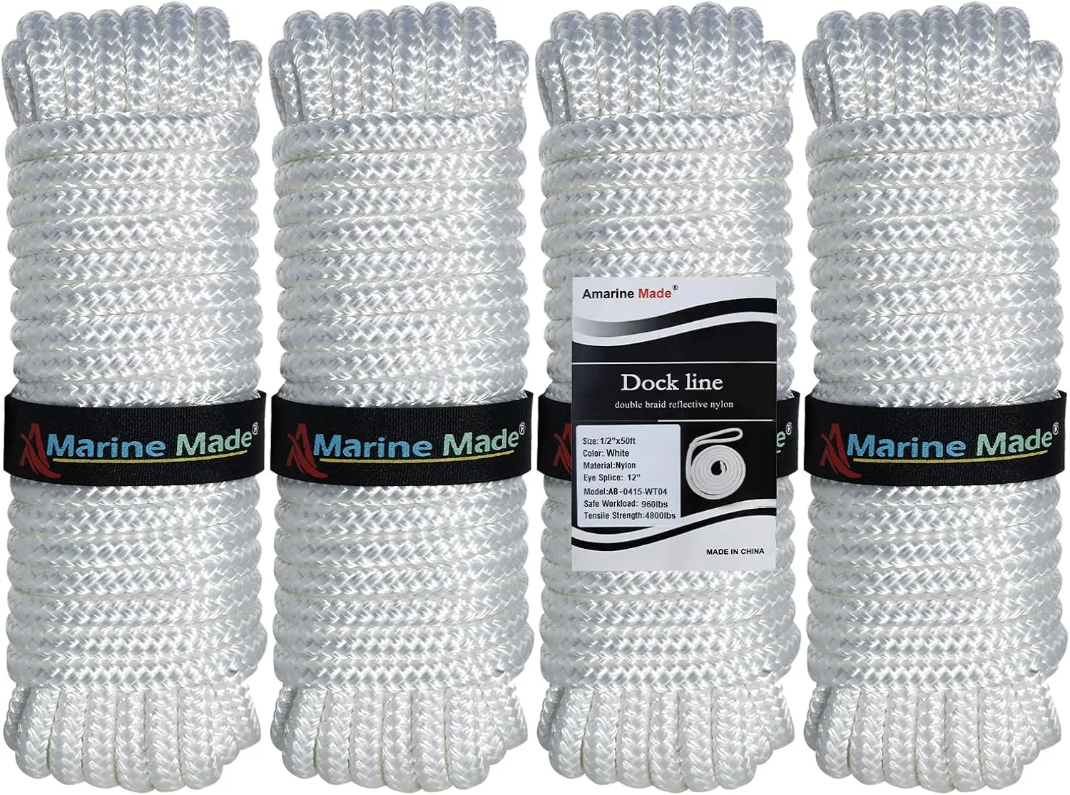 Amarine Made 4 Pack of Double Braided Nylon Dock Lines 4800 lbs Breaking Strength (L:50 ft. D:1/2 inch Eyelet: 12 inch) Marine Mooring Rope Boat Dock Lines Working Load Limit:960 lbs (White)