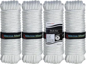 Amarine Made 4 Pack of Double Braided Nylon Dock Lines 4800 lbs Breaking Strength (L:50 ft. D:1/2 inch Eyelet: 12 inch) Marine Mooring Rope Boat Dock Lines Working Load Limit:960 lbs (White)