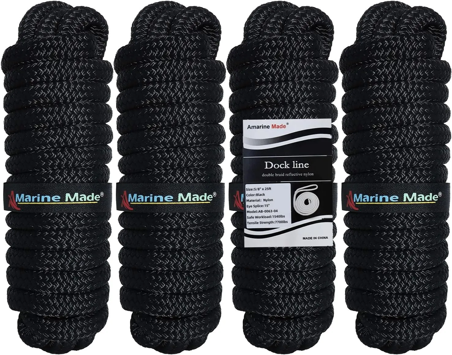 Amarine Made 4Pack 5/8" x 25' Double Braided Nylon Dock Lines 7700 lbs Breaking Strength (L: 25 ft. D: 5/8 inch Eyelet: 15 inch) Marine Mooring Rope Boat Dock Lines for Docking with Loop