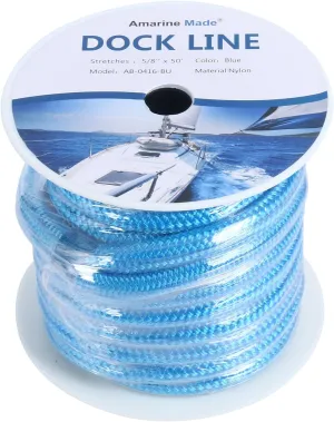Amarine-made 5/8 Inch 50 FT Double Braid Nylon Dockline Dock Line Mooring Rope Double Braided Dock Line (Blue)