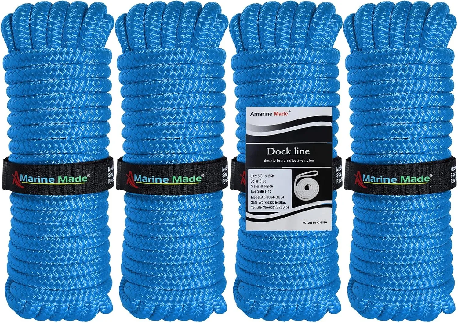 Amarine Made Double Braided Nylon Dock Lines 7700 lbs Breaking Strength (L:25 ft. D:5/8 inch Eyelet:15 inch) 4 Pack Marine Mooring Rope with Loop Boat Dock Lines Working Load Limit:1540 lbs