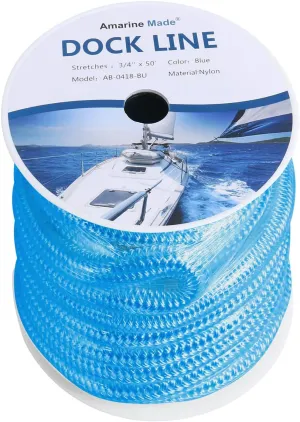 Amarine Made Double Braided Nylon Dock Lines 9500 lbs Breaking Strength (L:50 ft. D:3/4 inch Eyelet:12 inch) Marine Mooring Rope Boat Dock Lines Working Load Limit:1900 lbs (Blue)