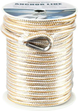 Amarine Made Heavy Duty Double Braid Nylon Anchor Line with Stainless Steel Thimble-White/Gold Color 1/2 inch Thickness 150 ft Length