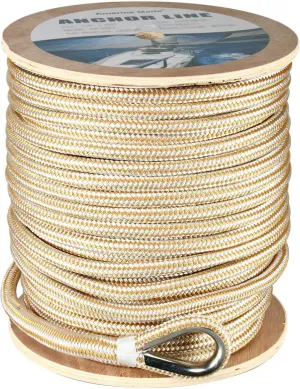 Amarine Made Heavy Duty Double Braid Nylon Anchor Line with Stainless Steel Thimble-White/Gold Color 5/8 inch Thickness 200 ft