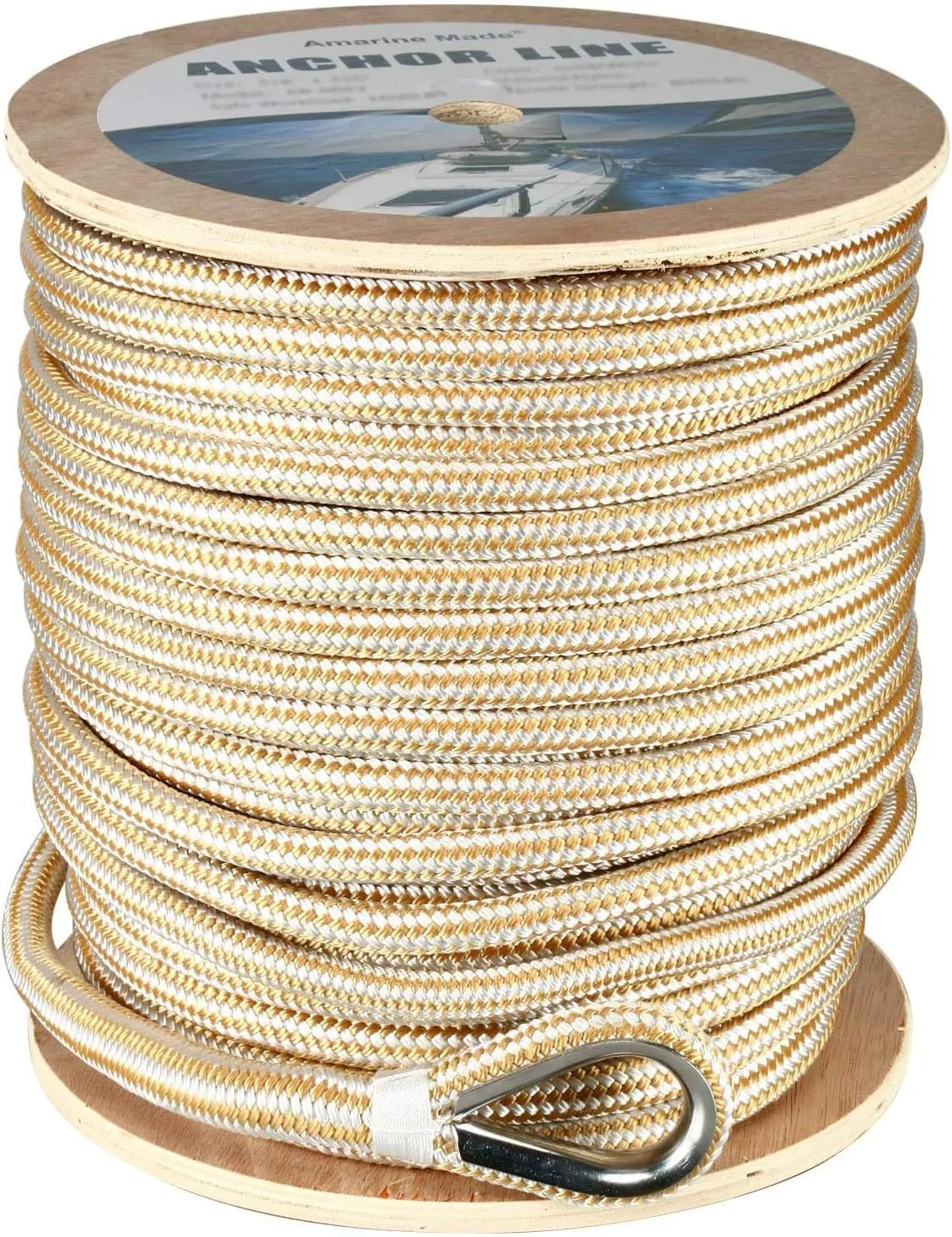 Amarine Made Heavy Duty Double Braid Nylon Anchor Line with Stainless Steel Thimble-White/Gold Color 5/8 inch Thickness 200 ft