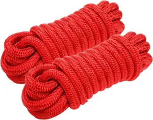 Amarine Made Pair of Double Braided Nylon Dock Lines 4800 lbs Breaking Strength (L:50 ft. D:1/2 inch Eyelet: 12 inch) Marine Mooring Rope Boat Dock Lines Working Load Limit:960 lbs (Red)