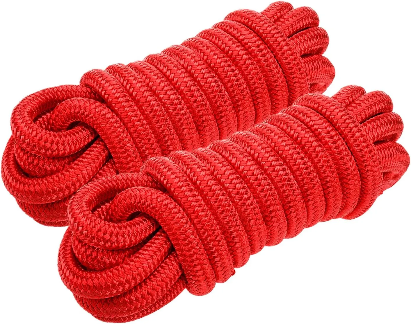 Amarine Made Pair of Double Braided Nylon Dock Lines 4800 lbs Breaking Strength (L:50 ft. D:1/2 inch Eyelet: 12 inch) Marine Mooring Rope Boat Dock Lines Working Load Limit:960 lbs (Red)