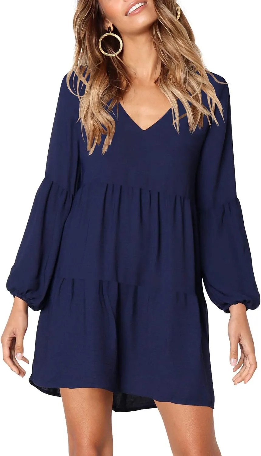 Amoretu Womens Tunic Dress Long Sleeve V Neck Casual Loose Flowy Swing Shift Dresses