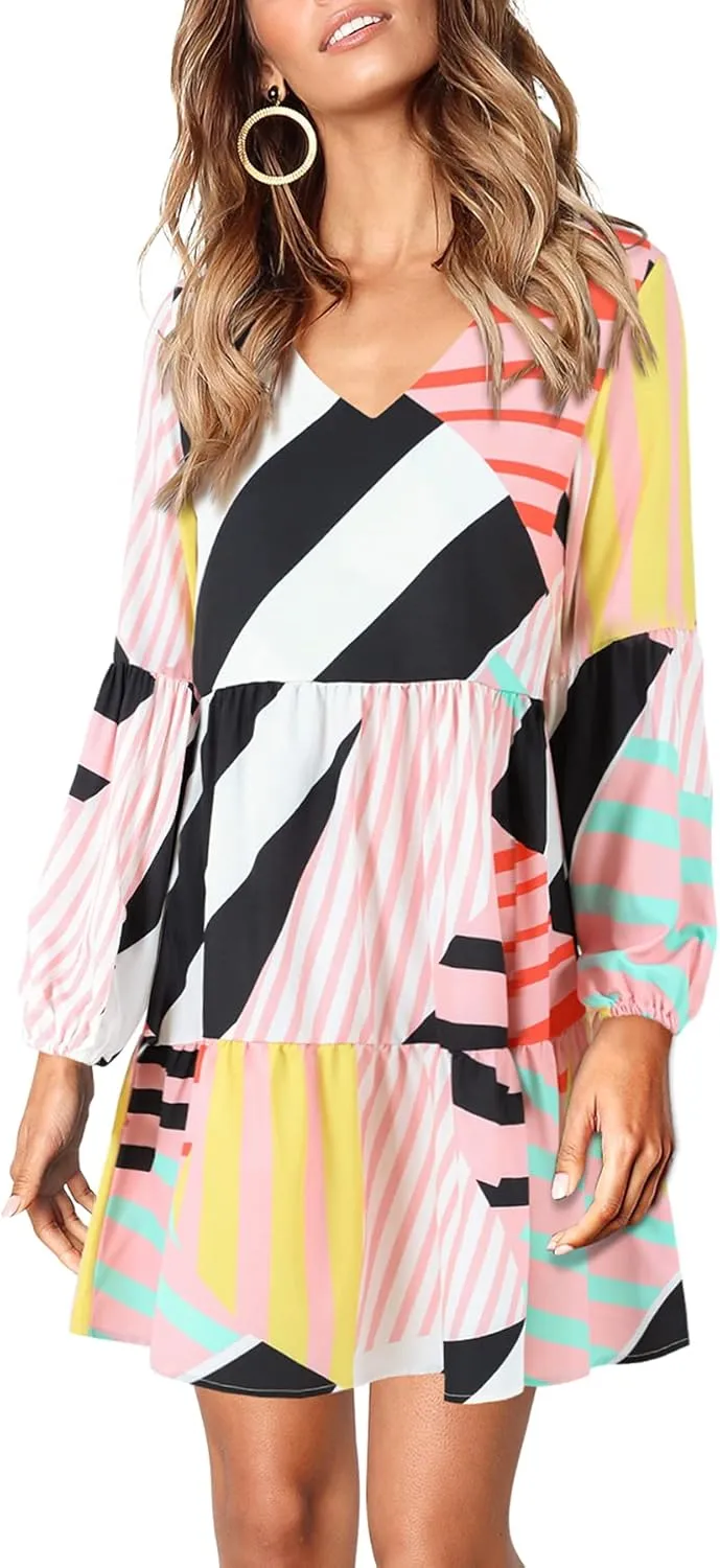 Amoretu Womens Tunic Dress Long Sleeve V Neck Casual Loose Flowy Swing Shift Dresses