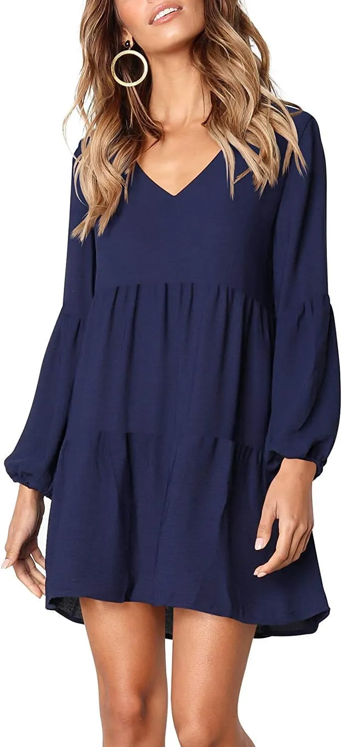 Amoretu Womens Tunic Dress Long Sleeve V Neck Casual Loose Flowy Swing Shift Dresses