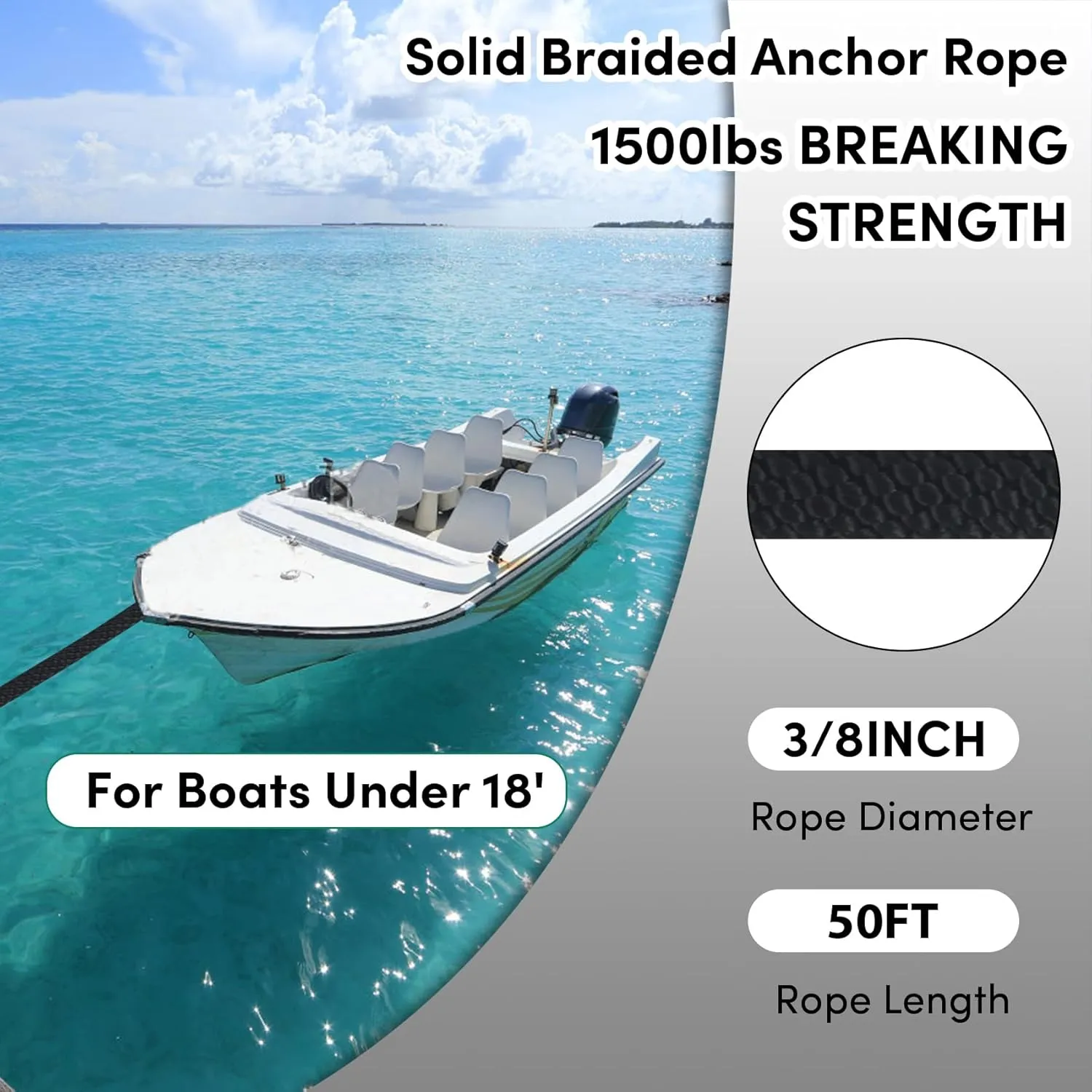 Anchor Rope 3/8in x 50FT,Premium Solid MFP Braided Anchor Ropes Anchor Line,Boat Anchor Rope with Stainless Steel Thimble & Snap Hook,Marine Rope for Anchors and Boats (Black)