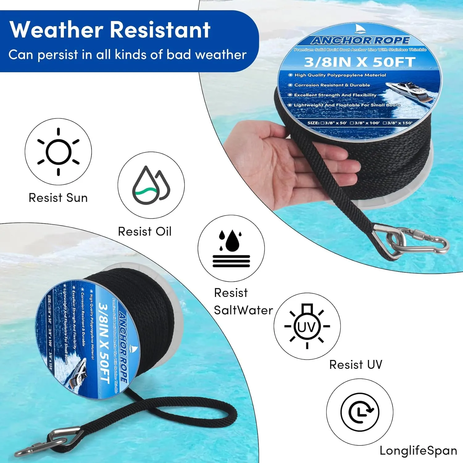 Anchor Rope 3/8in x 50FT,Premium Solid MFP Braided Anchor Ropes Anchor Line,Boat Anchor Rope with Stainless Steel Thimble & Snap Hook,Marine Rope for Anchors and Boats (Black)