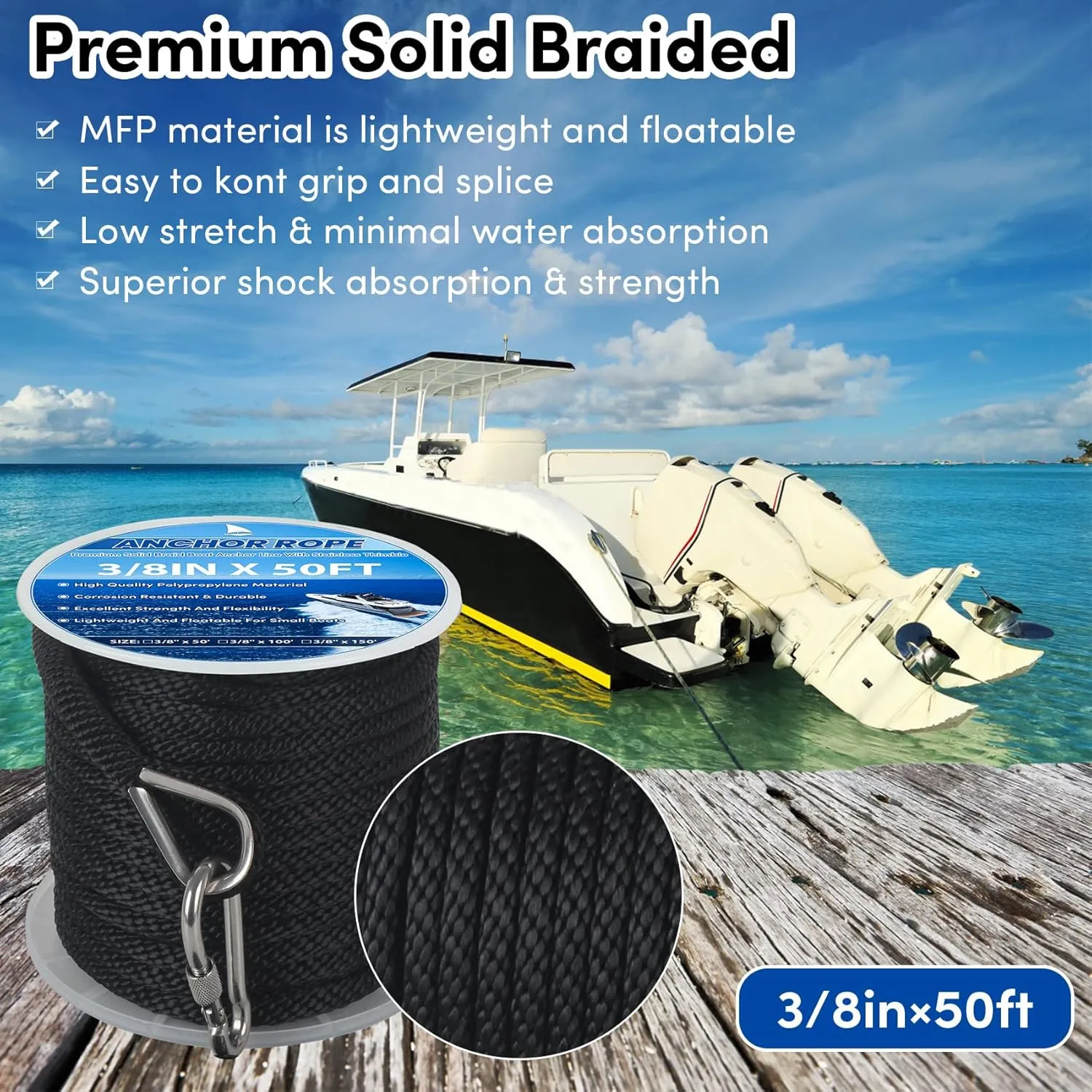 Anchor Rope 3/8in x 50FT,Premium Solid MFP Braided Anchor Ropes Anchor Line,Boat Anchor Rope with Stainless Steel Thimble & Snap Hook,Marine Rope for Anchors and Boats (Black)