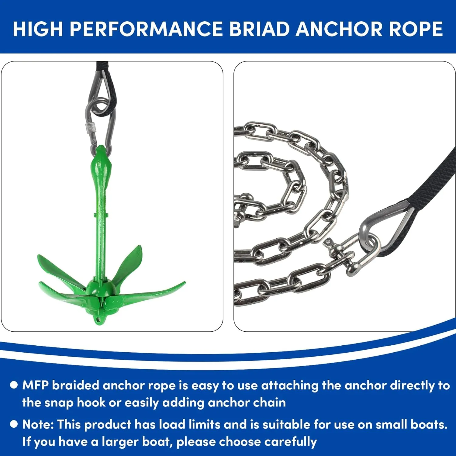 Anchor Rope 3/8in x 50FT,Premium Solid MFP Braided Anchor Ropes Anchor Line,Boat Anchor Rope with Stainless Steel Thimble & Snap Hook,Marine Rope for Anchors and Boats (Black)