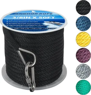 Anchor Rope 3/8in x 50FT,Premium Solid MFP Braided Anchor Ropes Anchor Line,Boat Anchor Rope with Stainless Steel Thimble & Snap Hook,Marine Rope for Anchors and Boats (Black)