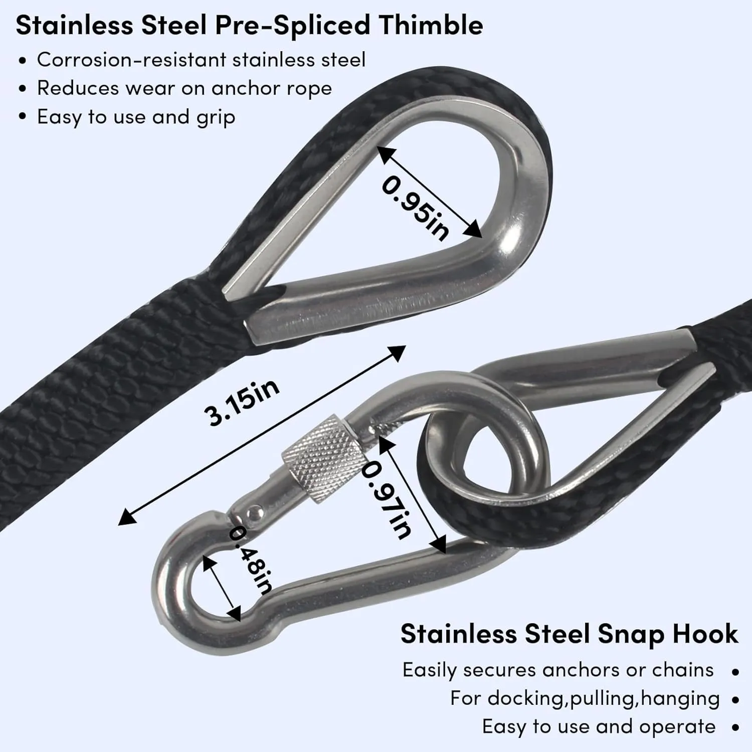 Anchor Rope 3/8in x 50FT,Premium Solid MFP Braided Anchor Ropes Anchor Line,Boat Anchor Rope with Stainless Steel Thimble & Snap Hook,Marine Rope for Anchors and Boats (Black)