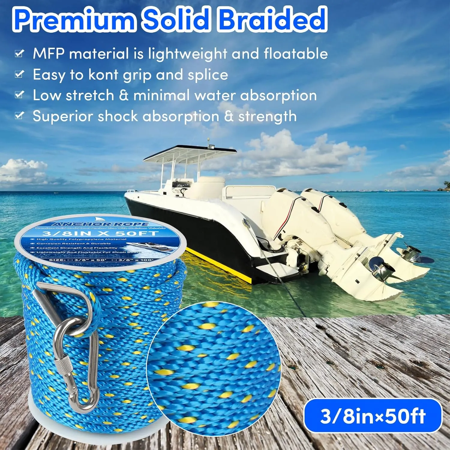 Anchor Rope 50FT x 3/8in,Premium Solid MFP Braided Anchor Rope Anchor Line,Boat Anchor Rope with Stainless Steel Thimble & Snap Hook,Boat Rore Marine Rope for Anchors and Boats (Blue/Yellow)