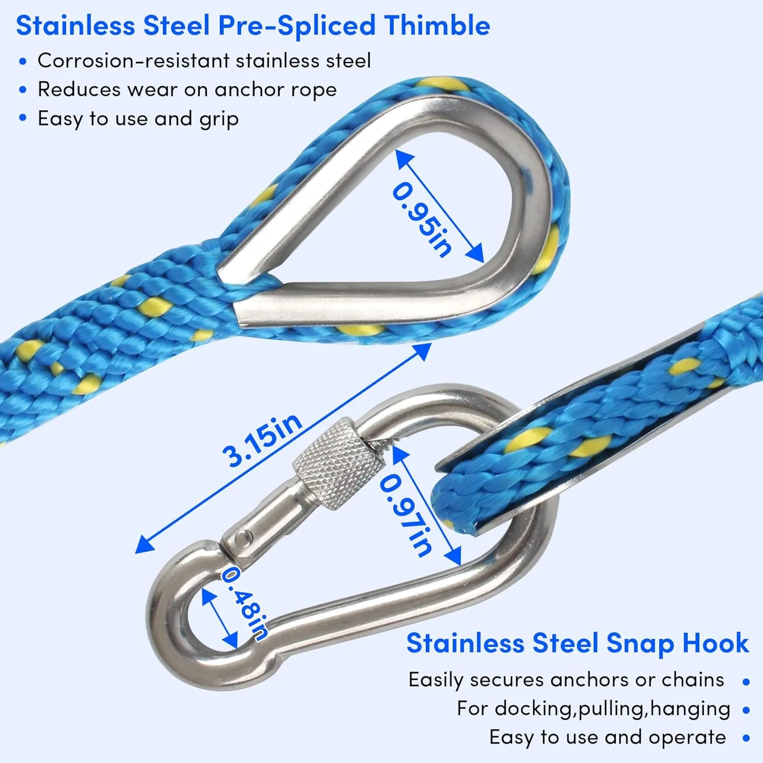 Anchor Rope 50FT x 3/8in,Premium Solid MFP Braided Anchor Rope Anchor Line,Boat Anchor Rope with Stainless Steel Thimble & Snap Hook,Boat Rore Marine Rope for Anchors and Boats (Blue/Yellow)