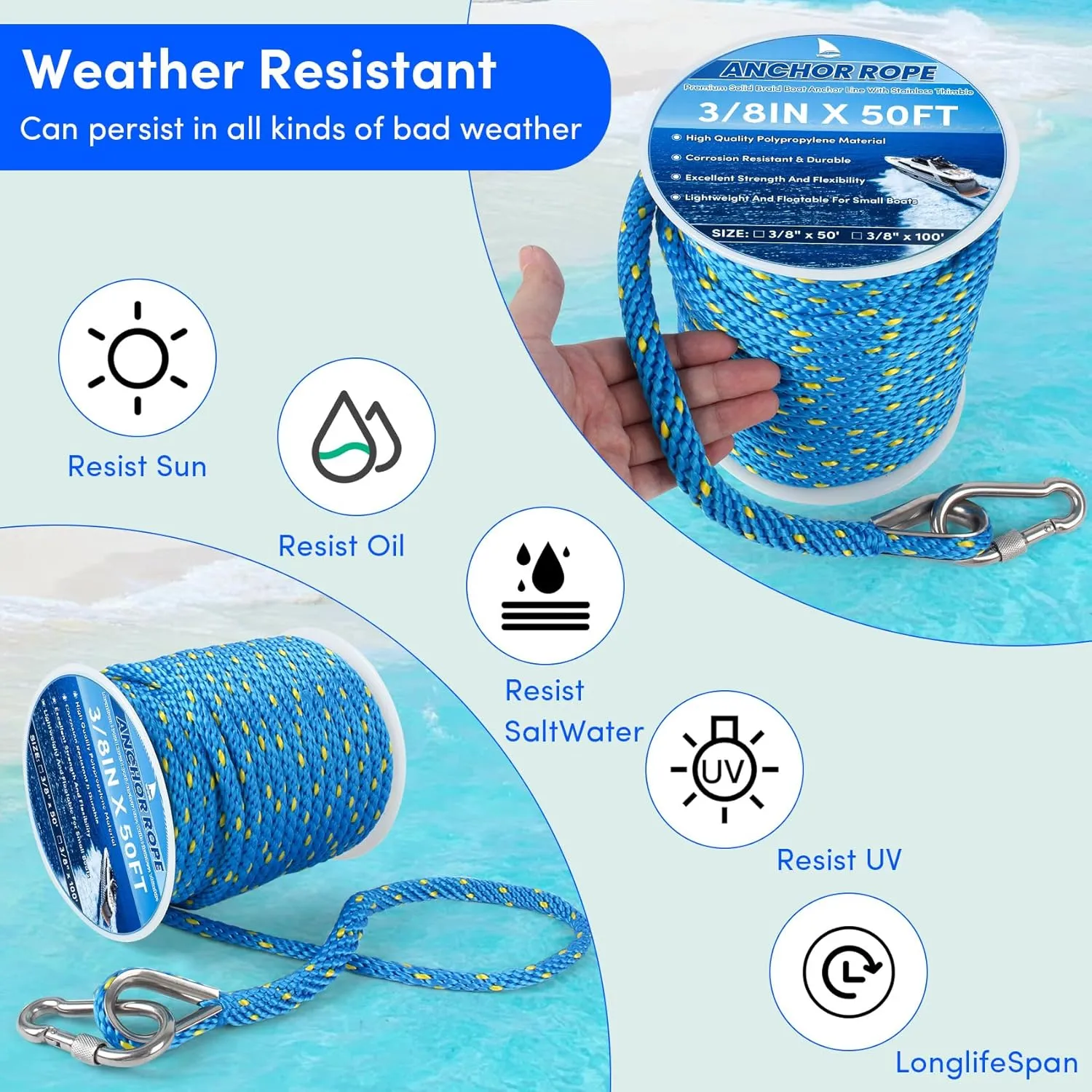 Anchor Rope 50FT x 3/8in,Premium Solid MFP Braided Anchor Rope Anchor Line,Boat Anchor Rope with Stainless Steel Thimble & Snap Hook,Boat Rore Marine Rope for Anchors and Boats (Blue/Yellow)