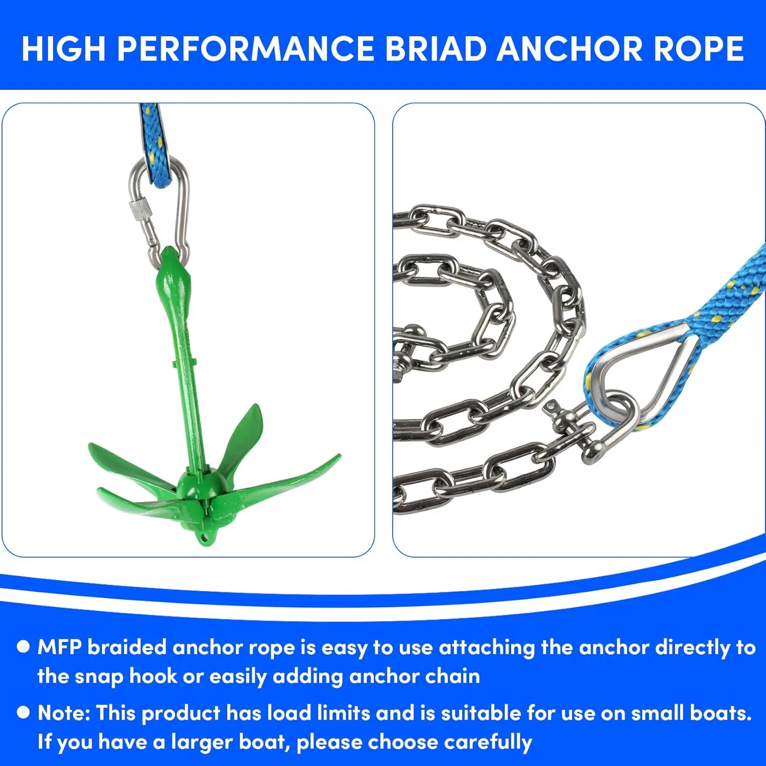 Anchor Rope 50FT x 3/8in,Premium Solid MFP Braided Anchor Rope Anchor Line,Boat Anchor Rope with Stainless Steel Thimble & Snap Hook,Boat Rore Marine Rope for Anchors and Boats (Blue/Yellow)