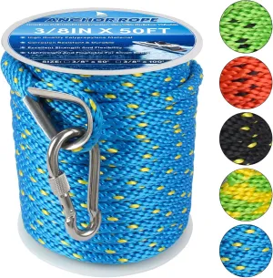 Anchor Rope 50FT x 3/8in,Premium Solid MFP Braided Anchor Rope Anchor Line,Boat Anchor Rope with Stainless Steel Thimble & Snap Hook,Boat Rore Marine Rope for Anchors and Boats (Blue/Yellow)