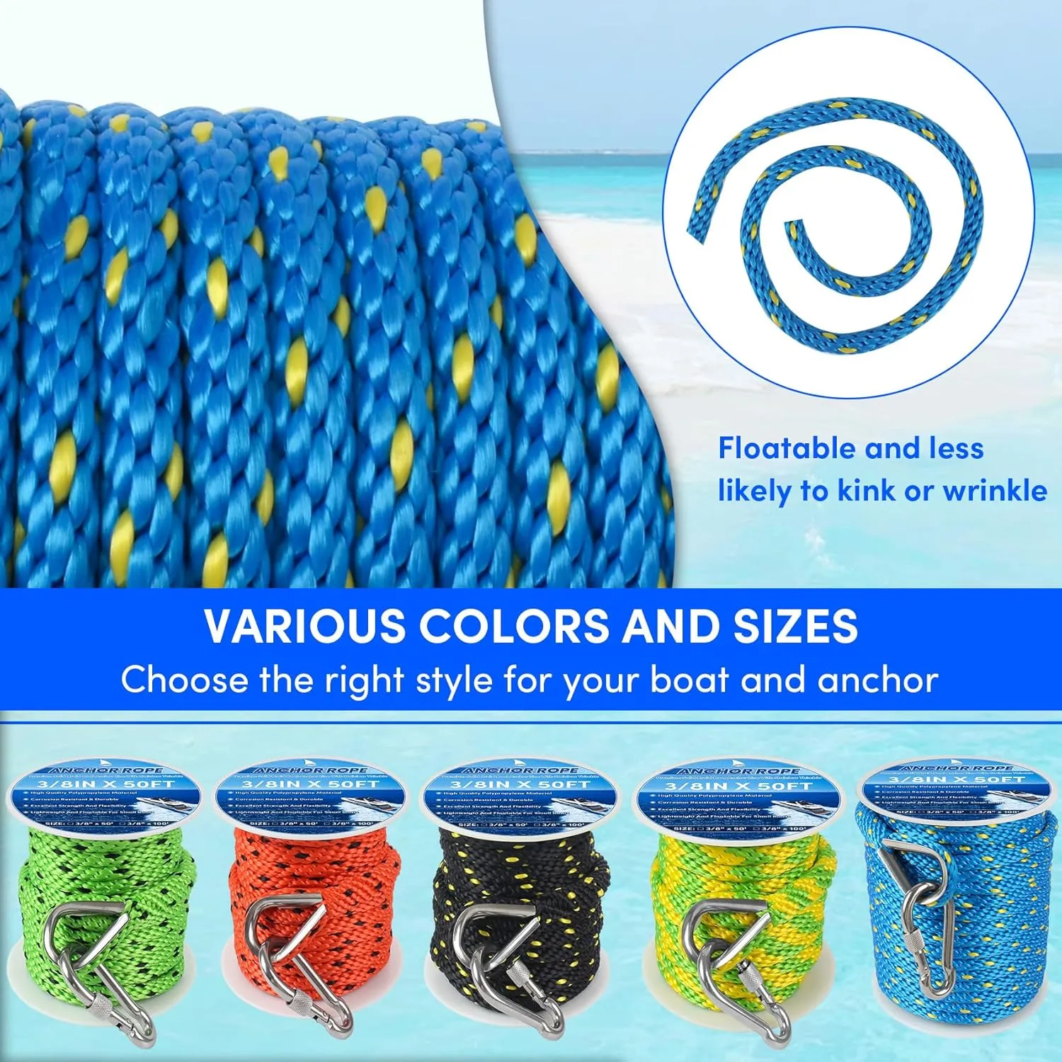 Anchor Rope 50FT x 3/8in,Premium Solid MFP Braided Anchor Rope Anchor Line,Boat Anchor Rope with Stainless Steel Thimble & Snap Hook,Boat Rore Marine Rope for Anchors and Boats (Blue/Yellow)
